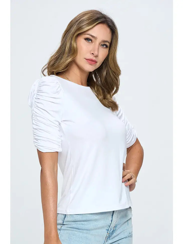 Solid Knit Top with Scrunched Sleeve