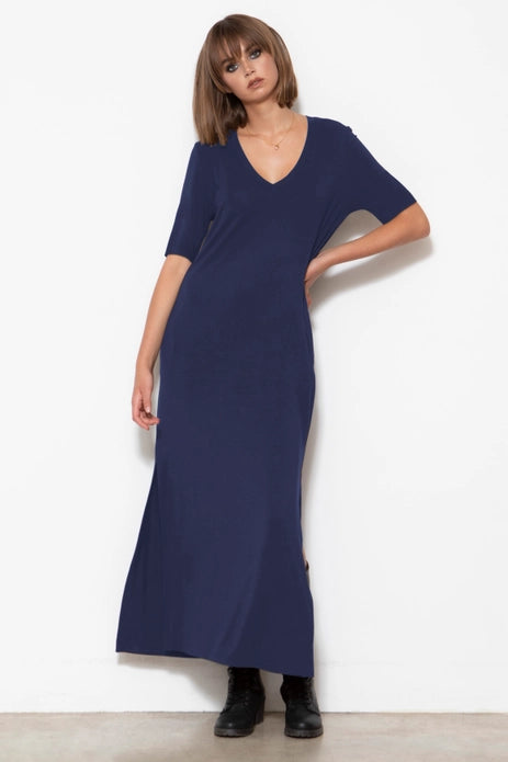 V-Neck, Elbow-Sleeve Dress, Indigo