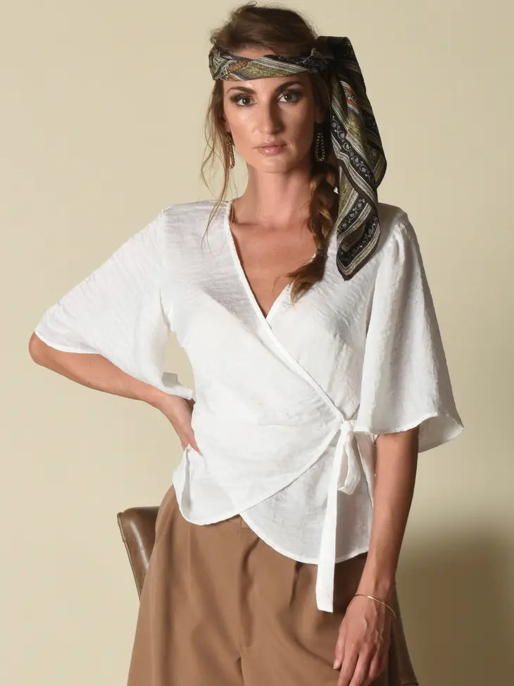 Lydia ATS Washed Satin Wrap Top with Flounce Sleeves