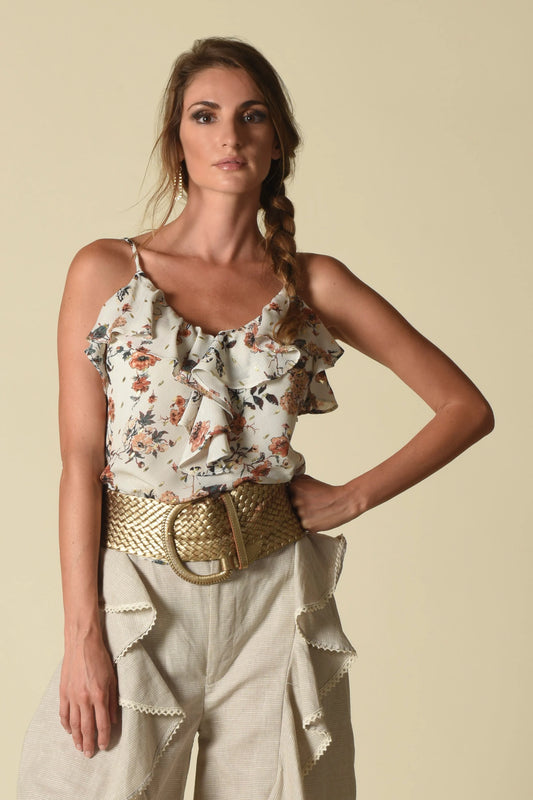 Hazel Ruffle Cami ATS , Ivory/Gold Floral