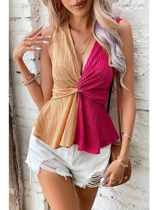 V NECK TWIST WAIST RUFFLED TUNIC TOP