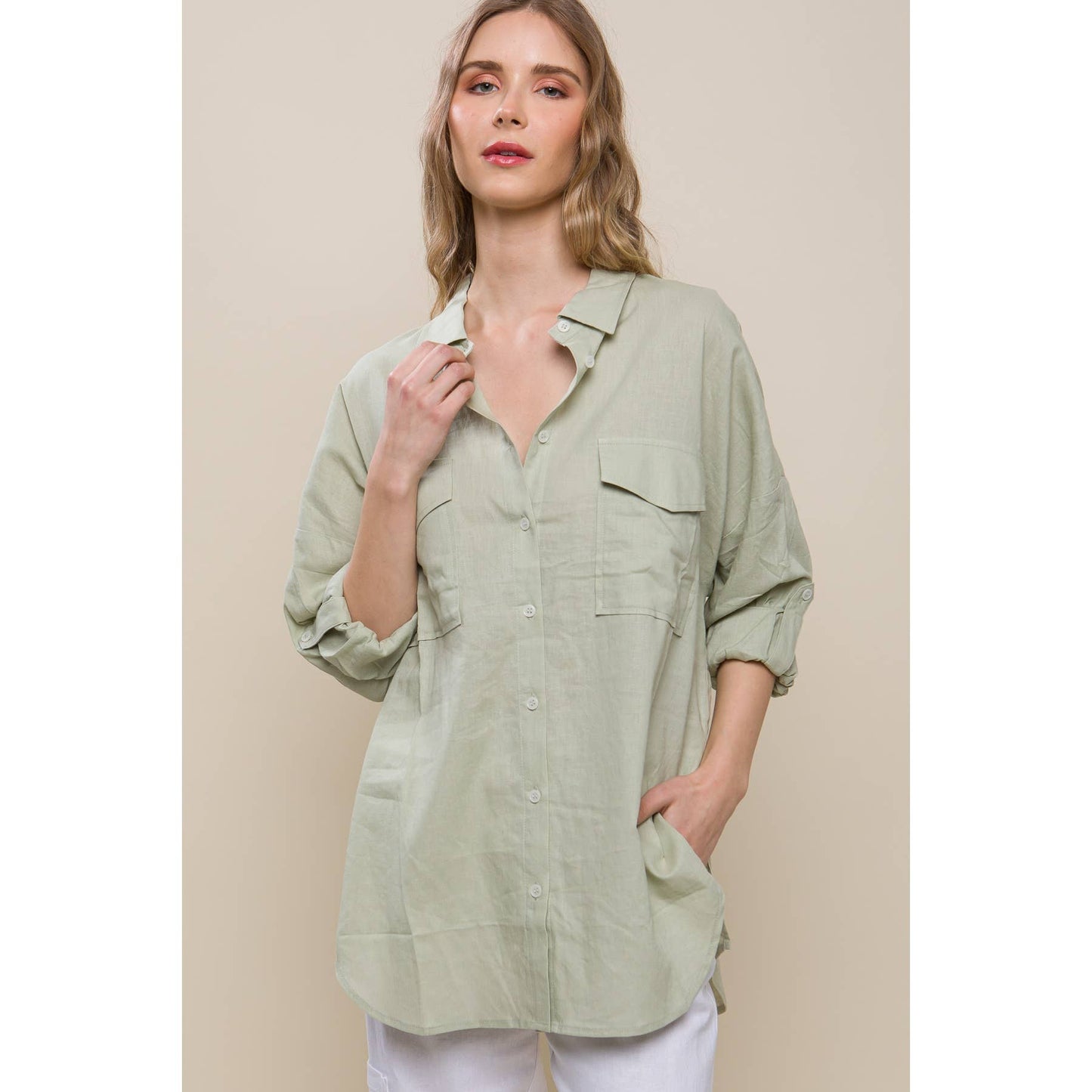 Linen Oversized Double Pocket Button Down Shirt