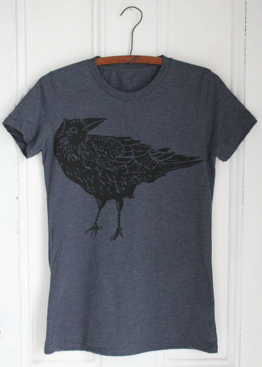 Organic Crow T-Shirt, Black Ink on Blue