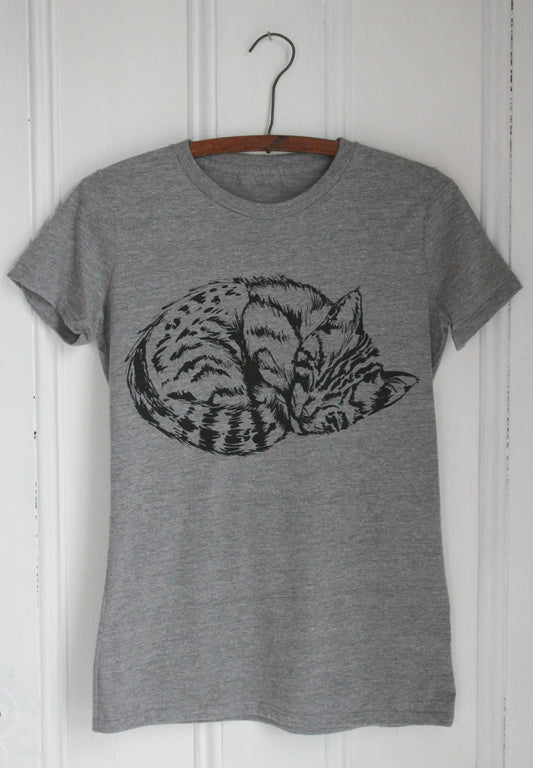 Organic Cat T-Shirt, Black Ink on Grey