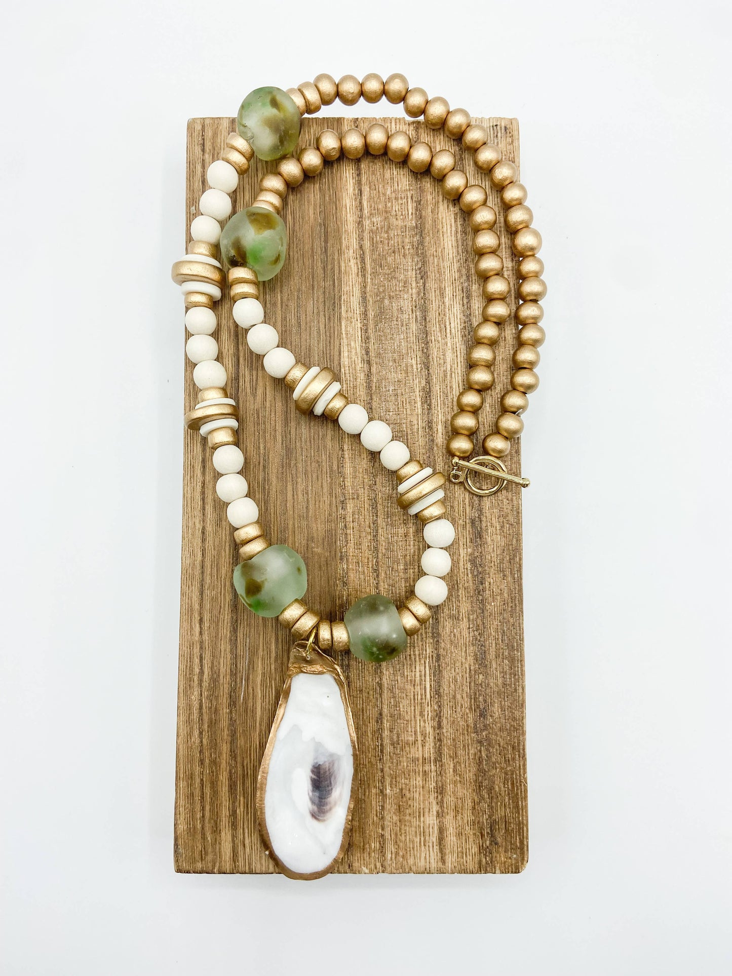 Cream wood & Earth tone glass bead oyster shell necklace