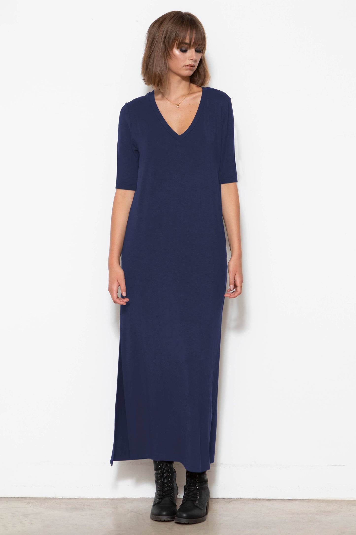 V-Neck, Elbow-Sleeve Dress, Indigo