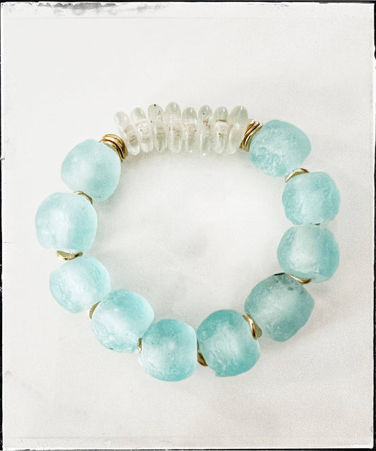 Recycled Glass Bead Stretch Bracelet- Baby Blue & Clear