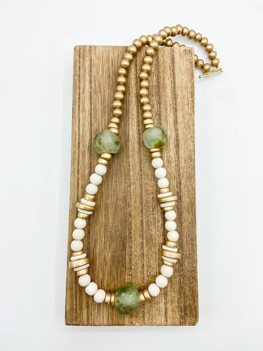 Cream wood & Earth tone glass bead oyster shell necklace