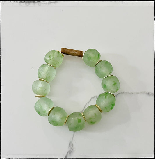 Recycled Glass Bead Stretch Bracelet w/ Wood Tube : Green