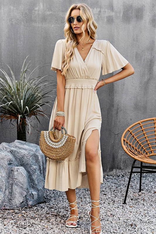 WIDE SLEEVE TIGHTEN WAIST SLIT RUFFLED DRESS