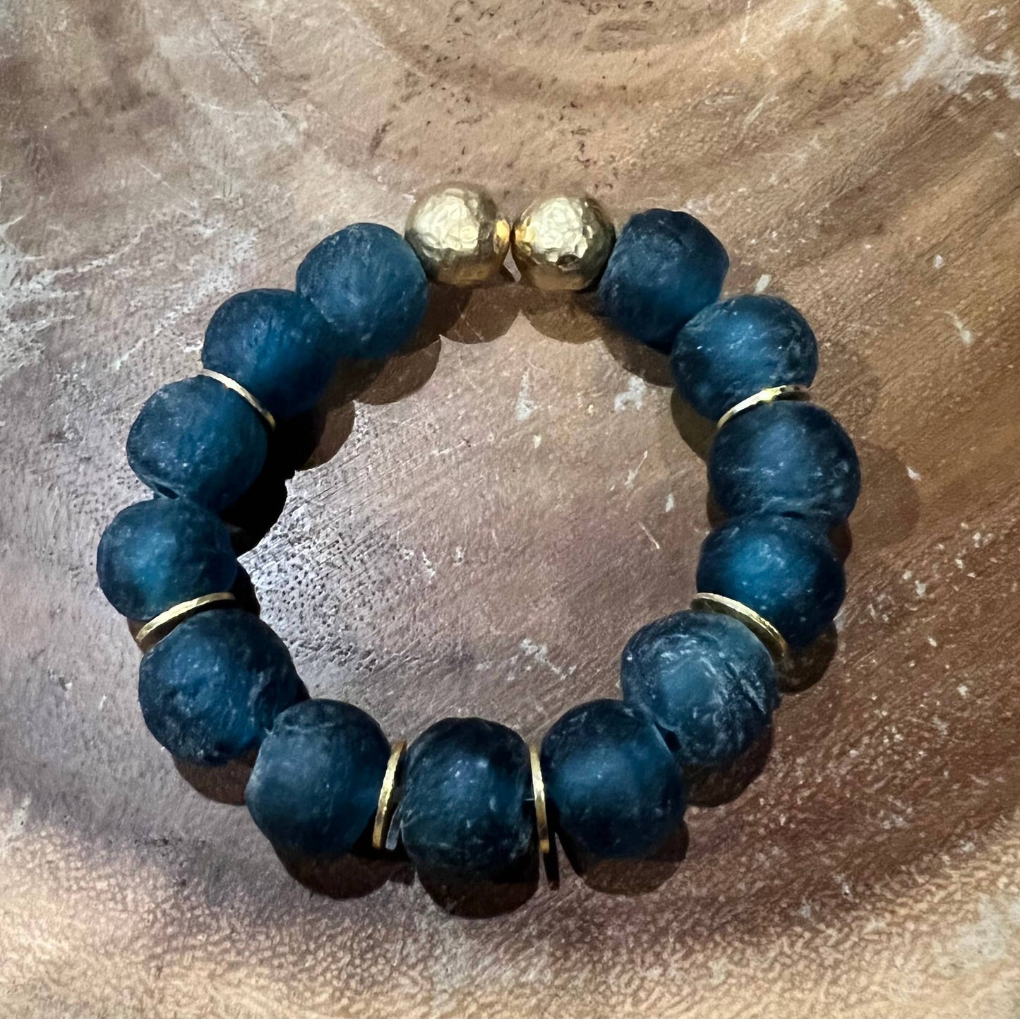 Recycled Glass & Brass Bead Stretch Bracelet- Teal Blue