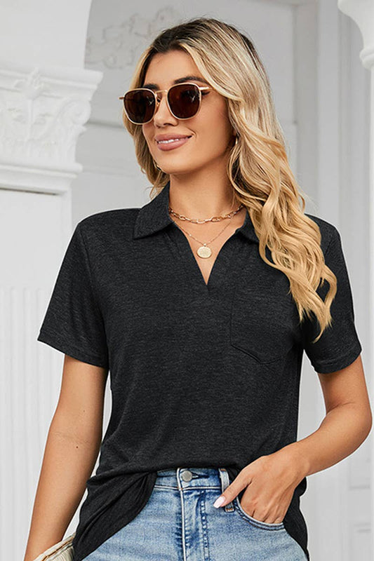 SHORT SLEEVE POCKET COLLAR TOP